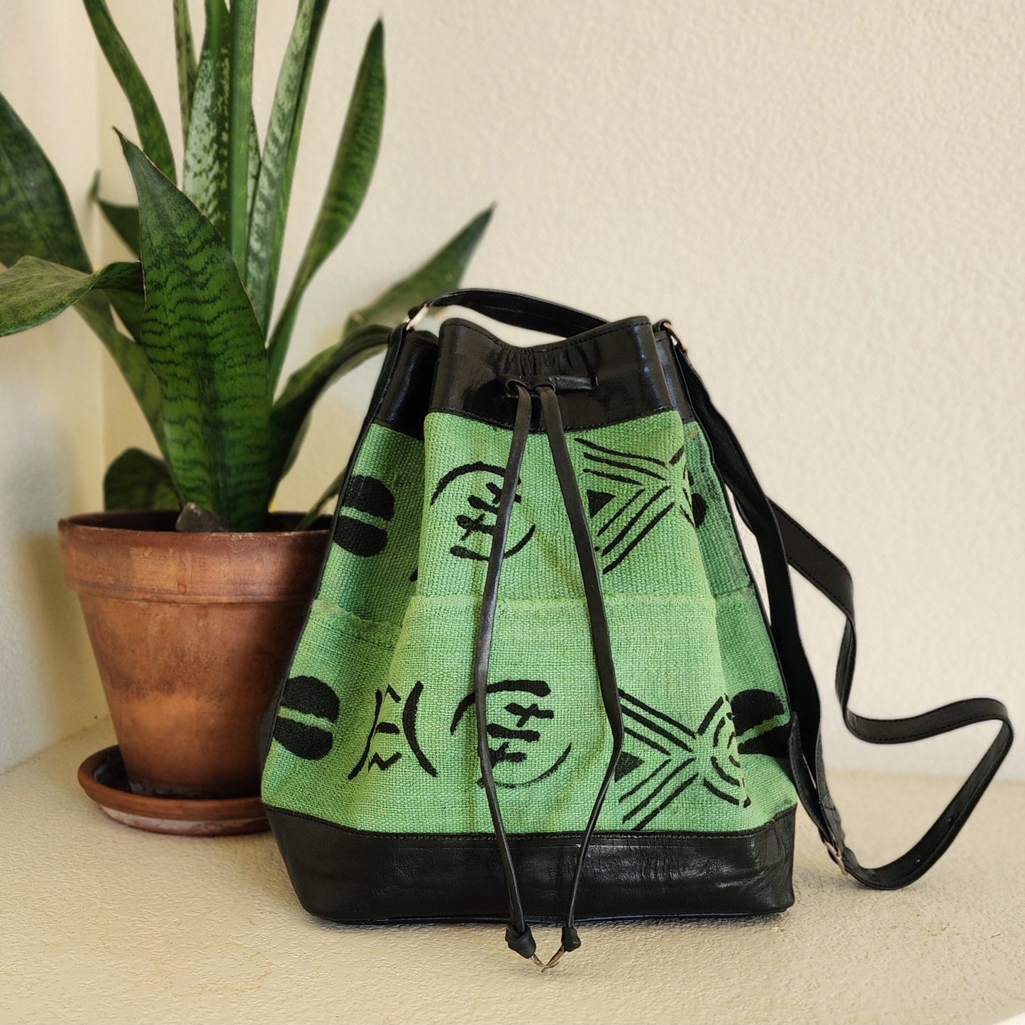 Green and black mudcloth bucket bag