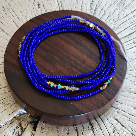 Blue Premium handmade waistbeads with gold iridescent crystals 