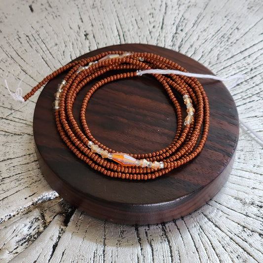 Brown Premium handmade waistbeads with orange iridescent crystals 