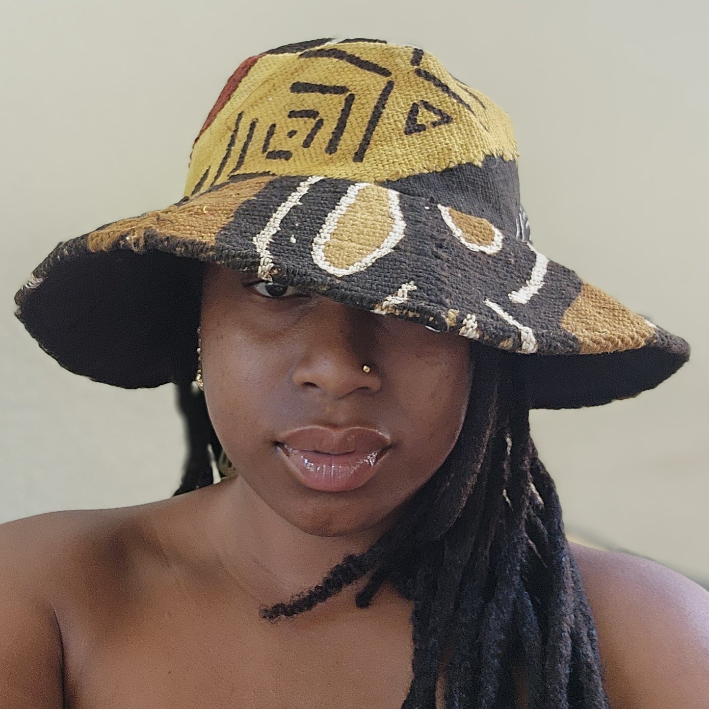 Black, brown, rust and mustard MudCloth bucket hat