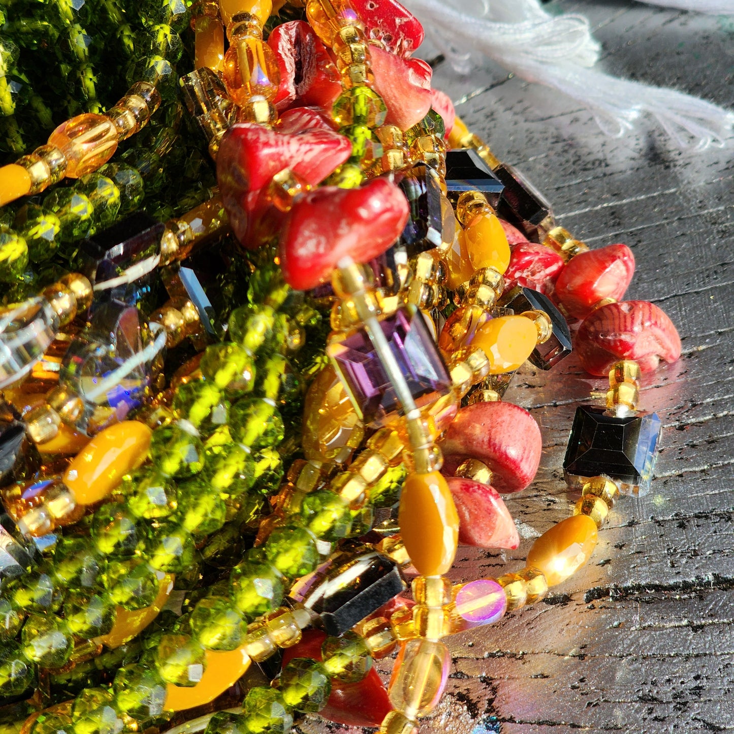 Coral gemstone and green iridescent crystal premium handmade waist beads 